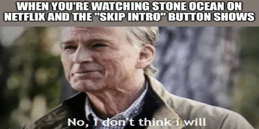 JoJo Stone Ocean meme depicting an elderly Captain America responding to whether or not he will skip the opening credits