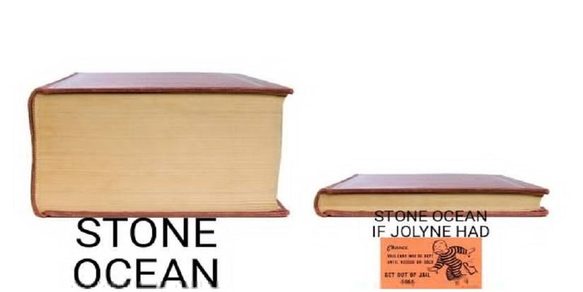 Meme image with a large book with a Stone Ocean caption and a smaller book