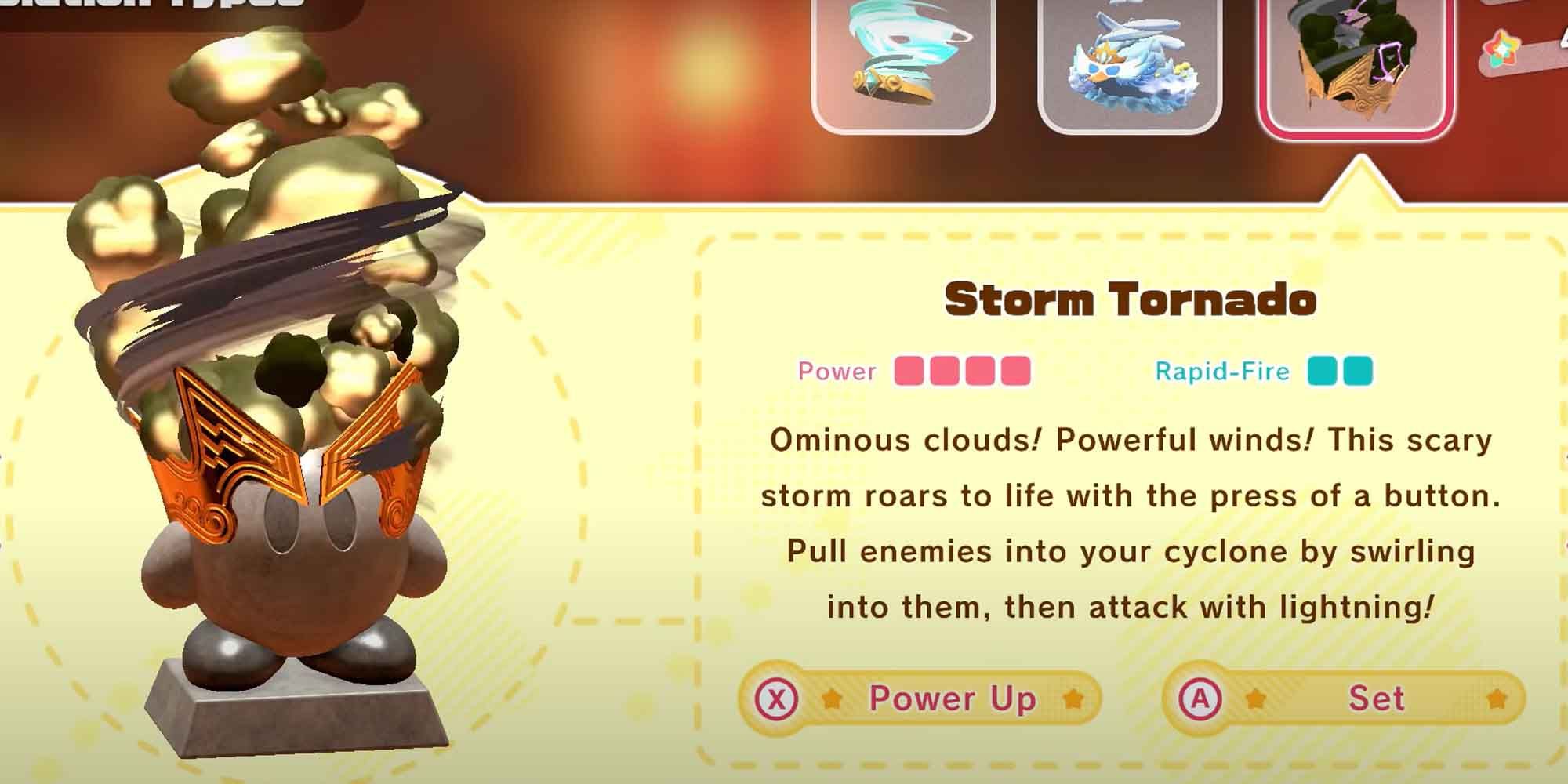 The Storm Tornado upgrade for the Tornado copy ability in Kirby and the Forgotten Land