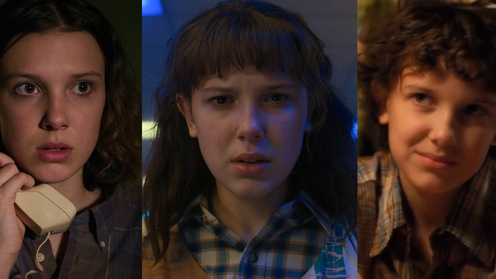 Eleven on the phone in Season 3; Eleven appearing in a promo still for Season 4; Eleven smiling in Season 2