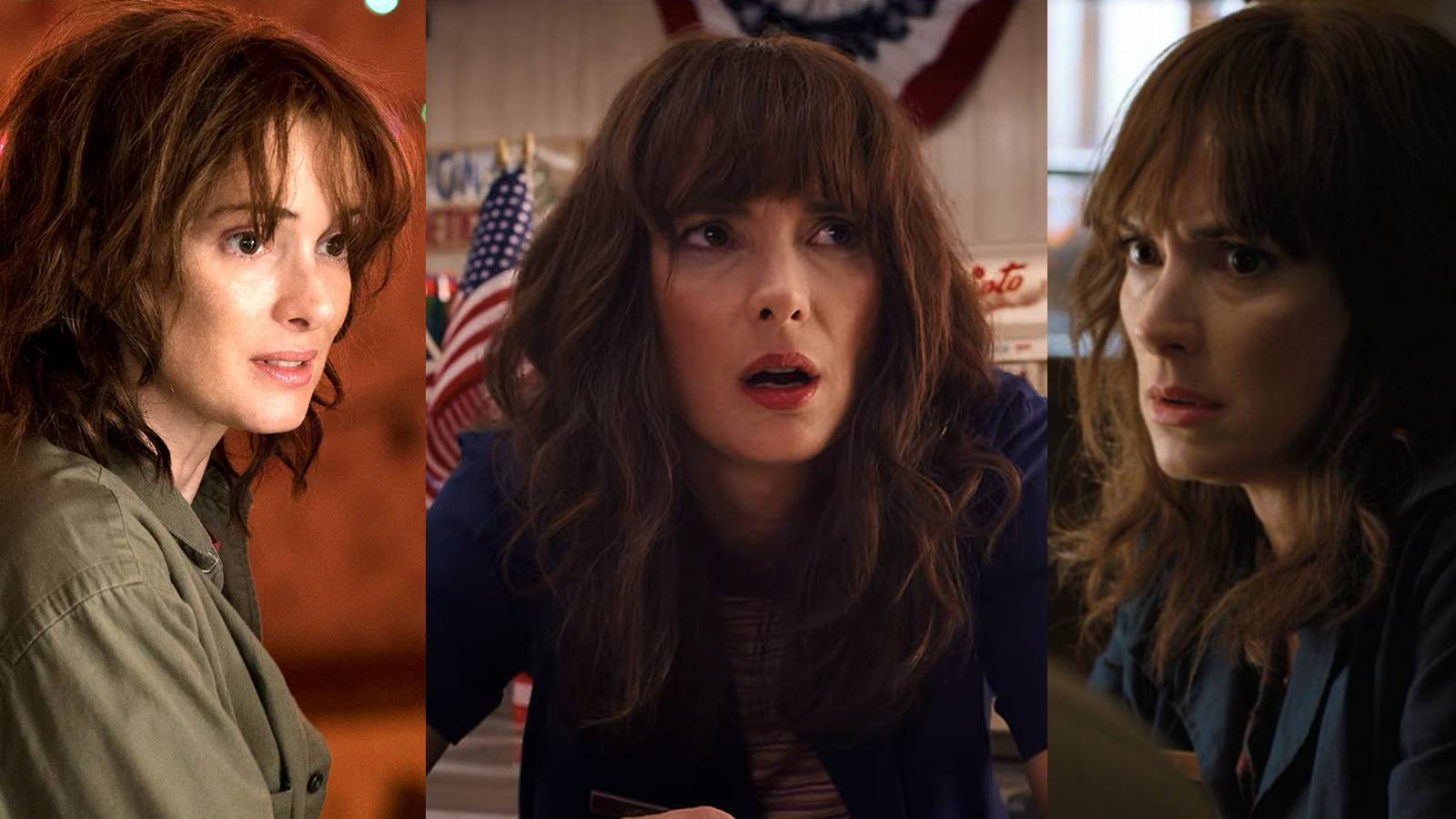 Joyce standing in her front door; Joyce looking tired at the general store; Joyce staring suspiciously at Hopper