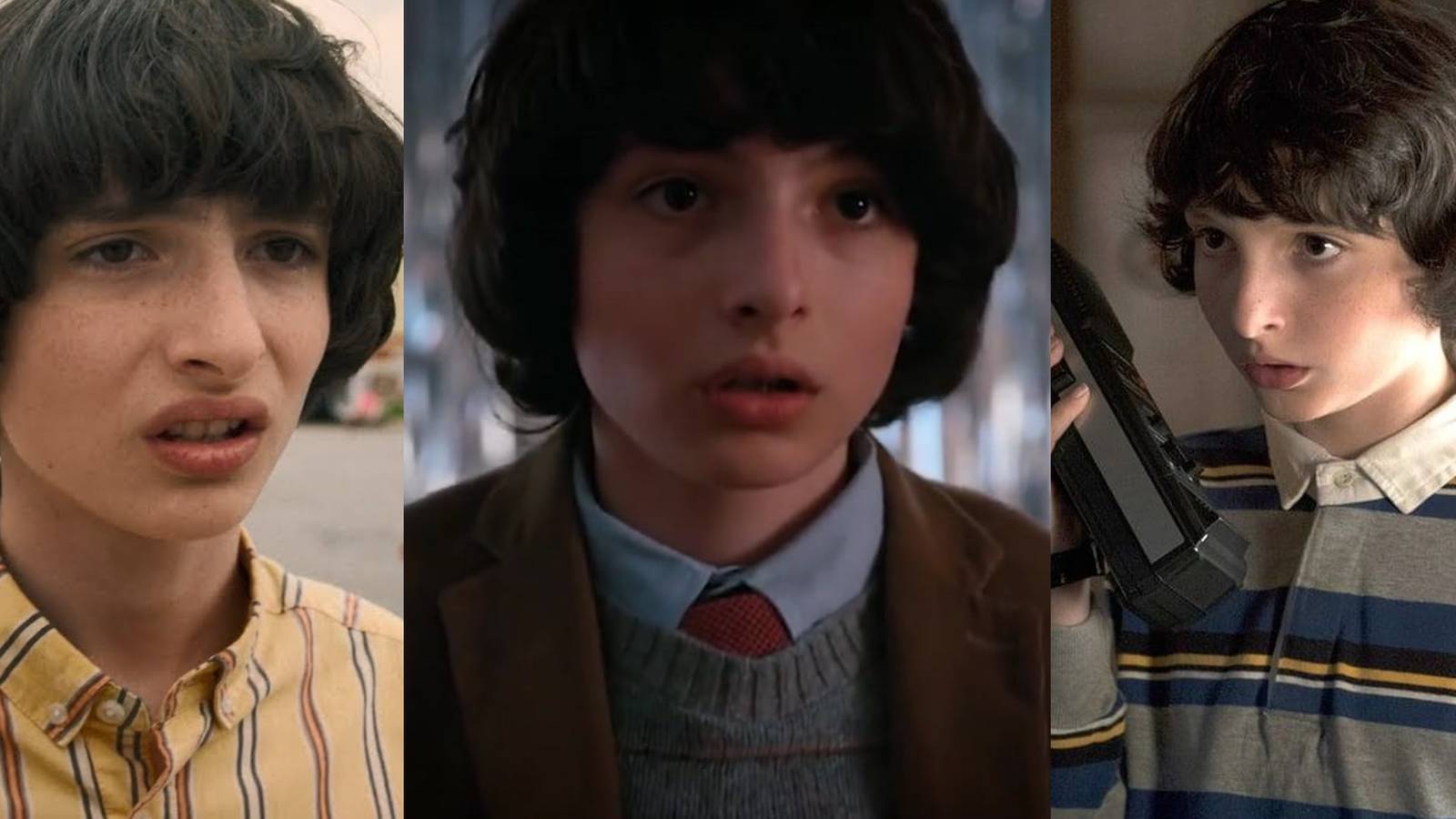 Mike after being dumped by Eleven in season 3; Mike at the winter formal in season 2; Mike talking to a walkie talkie in season 1