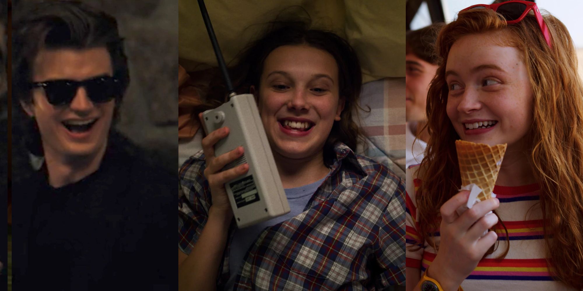 Steve dancing at a party; Eleven smiling while talking on a walkie-talkie; Max smiling with an ice cream cone