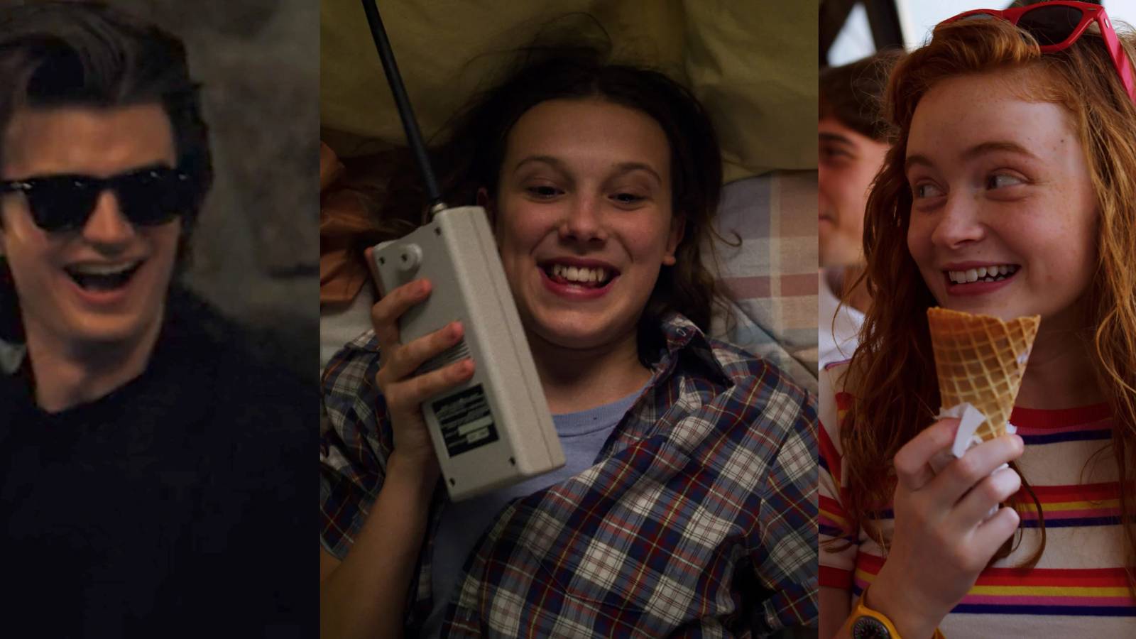 Steve dancing at a party; Eleven smiling while talking on a walkie-talkie; Max smiling with an ice cream cone