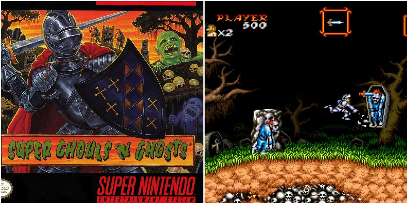 Super Ghouls N Ghosts SNES split image of box art and armored hero tossing dagger at foe in coffin in dark creepy locale