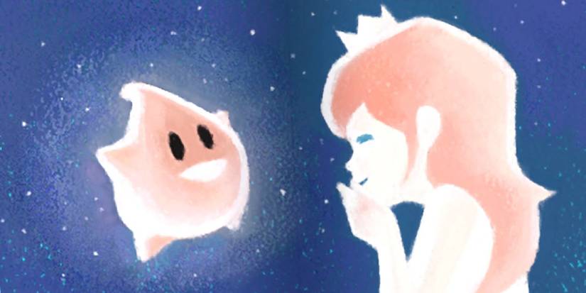 Rosalina laughing with Baby Luma in a storybook page from Super Mario Galaxy