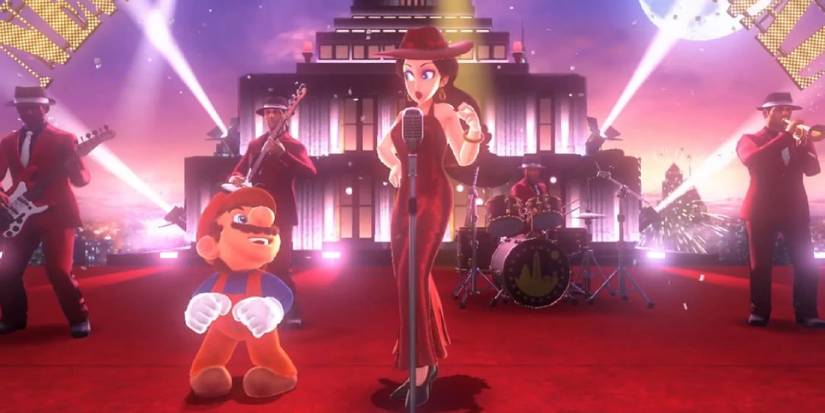 Mario dancing next to Pauline and her band in Super Mario Odyssey