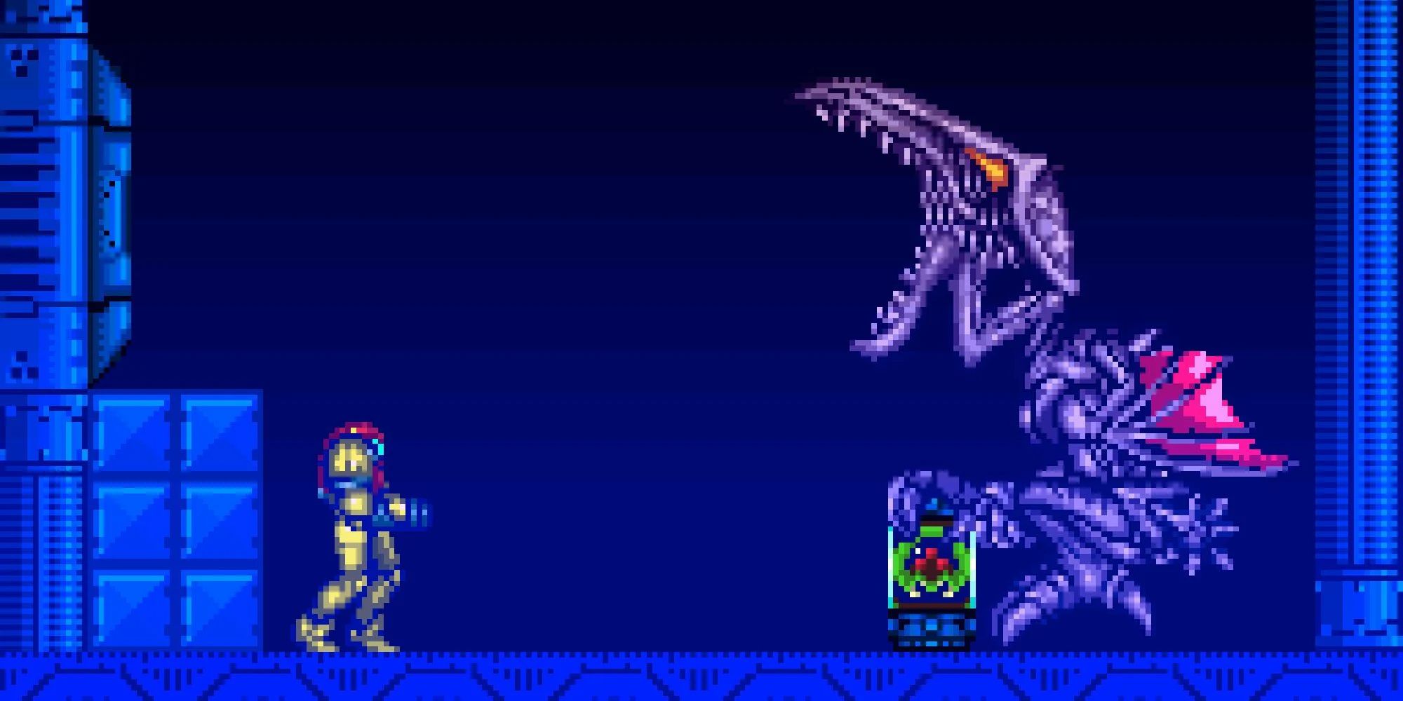 Samus encountering Ridley and the kidnapped Baby in Super Metroid
