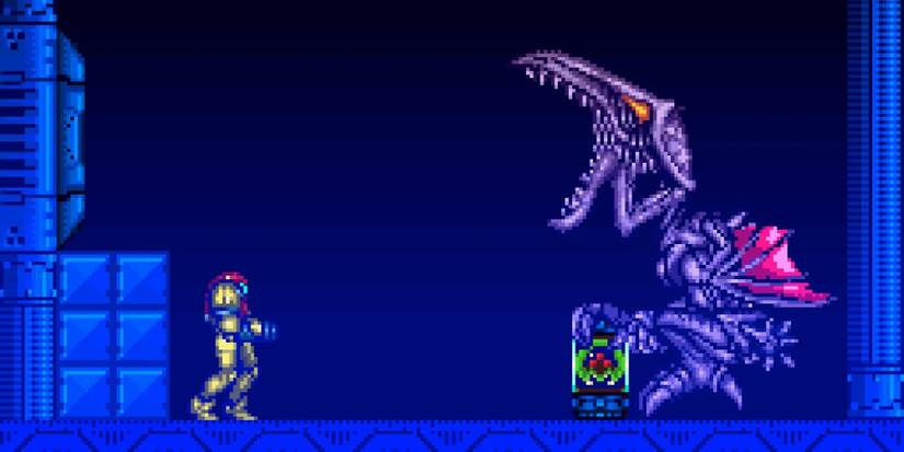 Samus encountering Ridley and the kidnapped Baby in Super Metroid