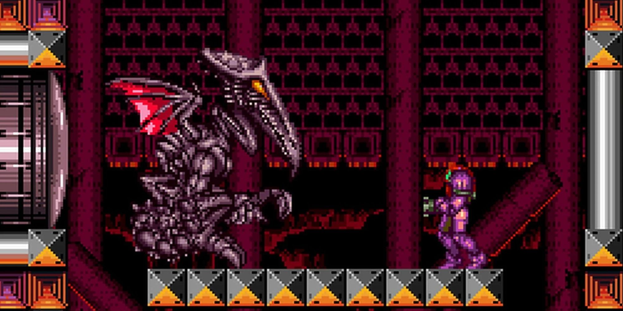 Samus facing off against Ridley in a small room in Super Metroid