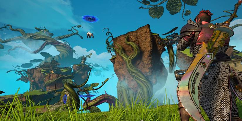 a player character in chain mail with a large halberd on their back stares out at rocks held up by tendrils of a large beanstalk. a sheep falls out of a magic portal in the middle of the air