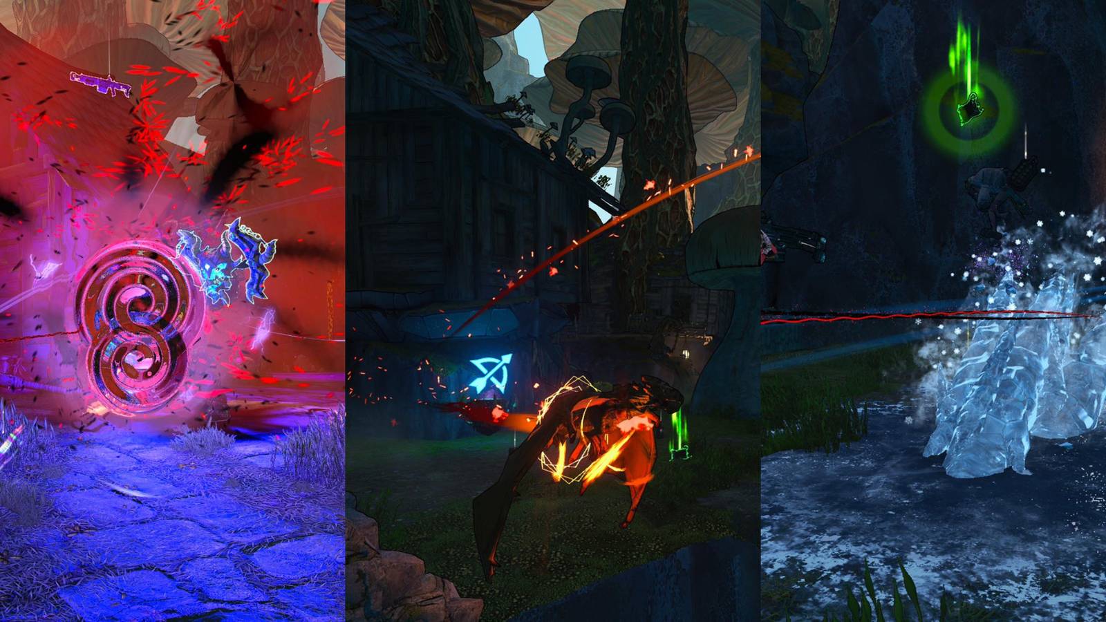 a swirling mass of ripples and black and red particle effects; a fiery wyvern flying through the air; a cascade of ice spikes springing up from the ground