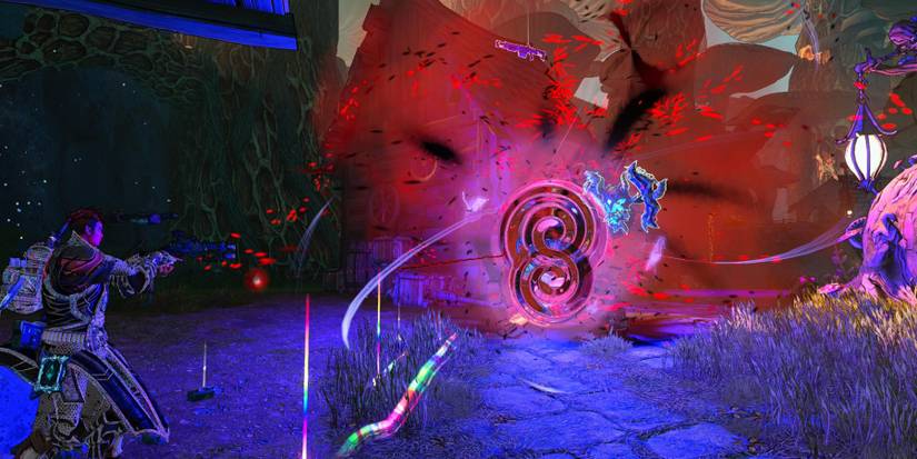 a player character standing in front of a series of swirling singularities with black and white particle effects all around them