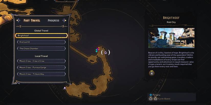 a map with fast travel options in a box on the left and a detailed description of the selected location on the right