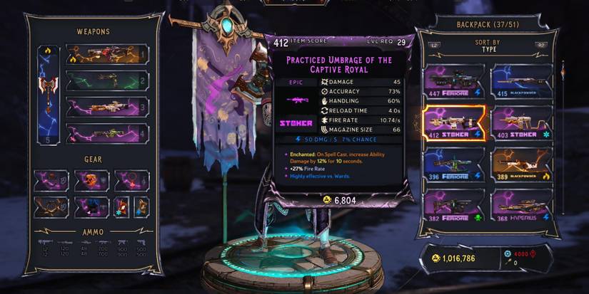 a cluttered inventory screen with an array of items on both sides of the screen and descriptive text in the middle 