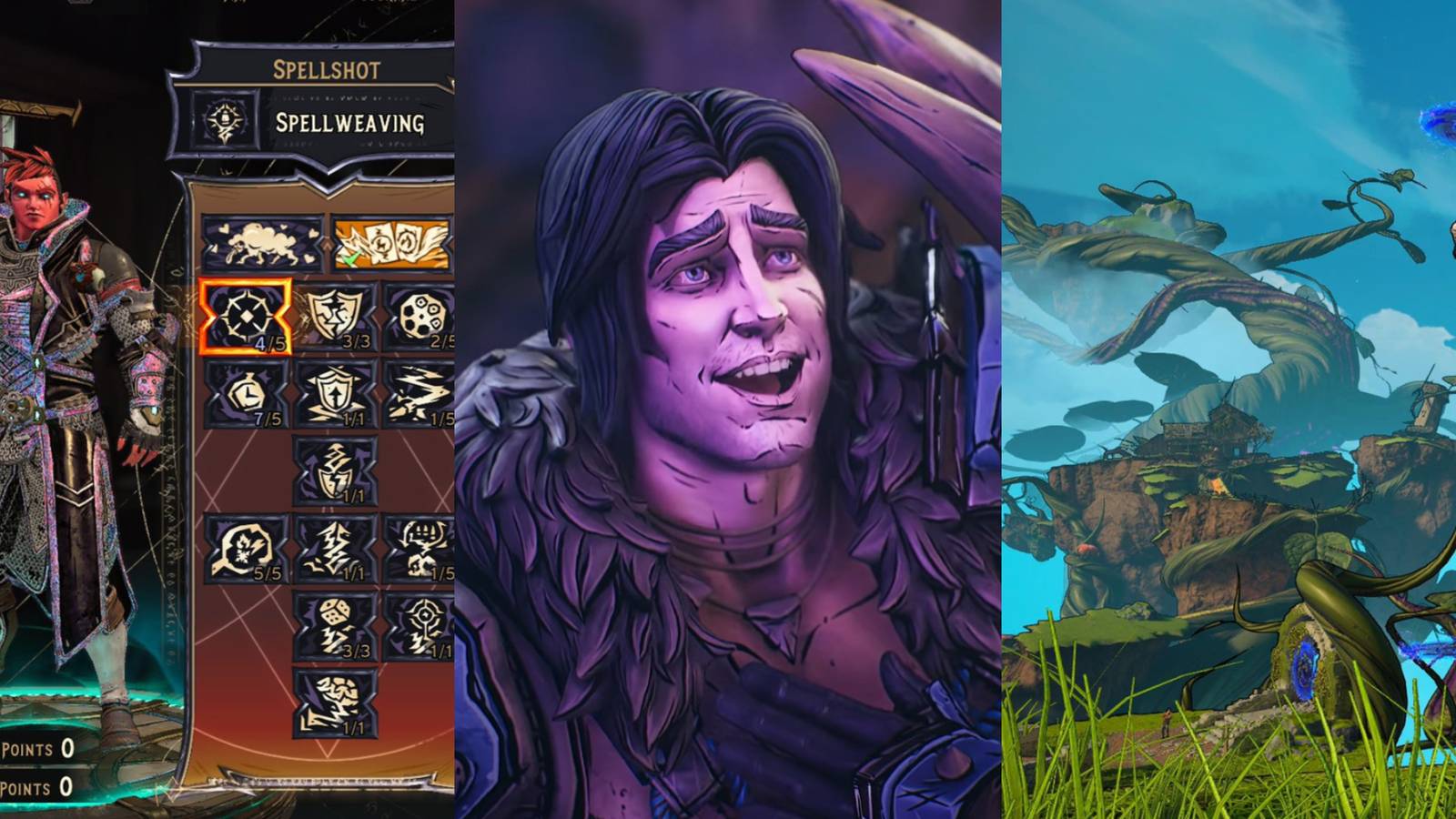 a slice of a skill point menu screen with the character on the left and a skill tree on the right; a brown haired man with a big smile and a fur collar on his jacket; a magic beanstalk holds chunks of ground suspended in the air 