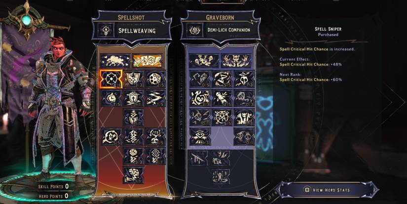 A menu screen that shows two character skill trees, one titled Spellshot the other titled Graveborn. to the left of them is a red skinned warrior in wizard's robes