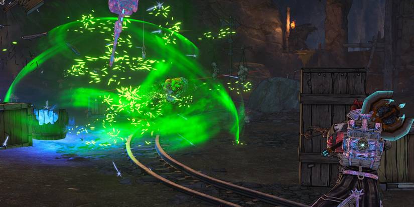 a player character in chainmail looks at a large, green explosion with an indistinct enemy flying out of it