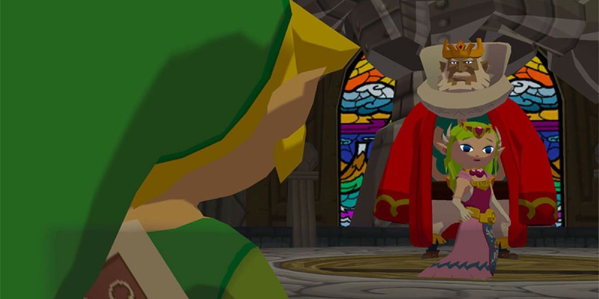 Link looking at Zelda and King Daphne standing in Hyrule Castle in Wind Waker