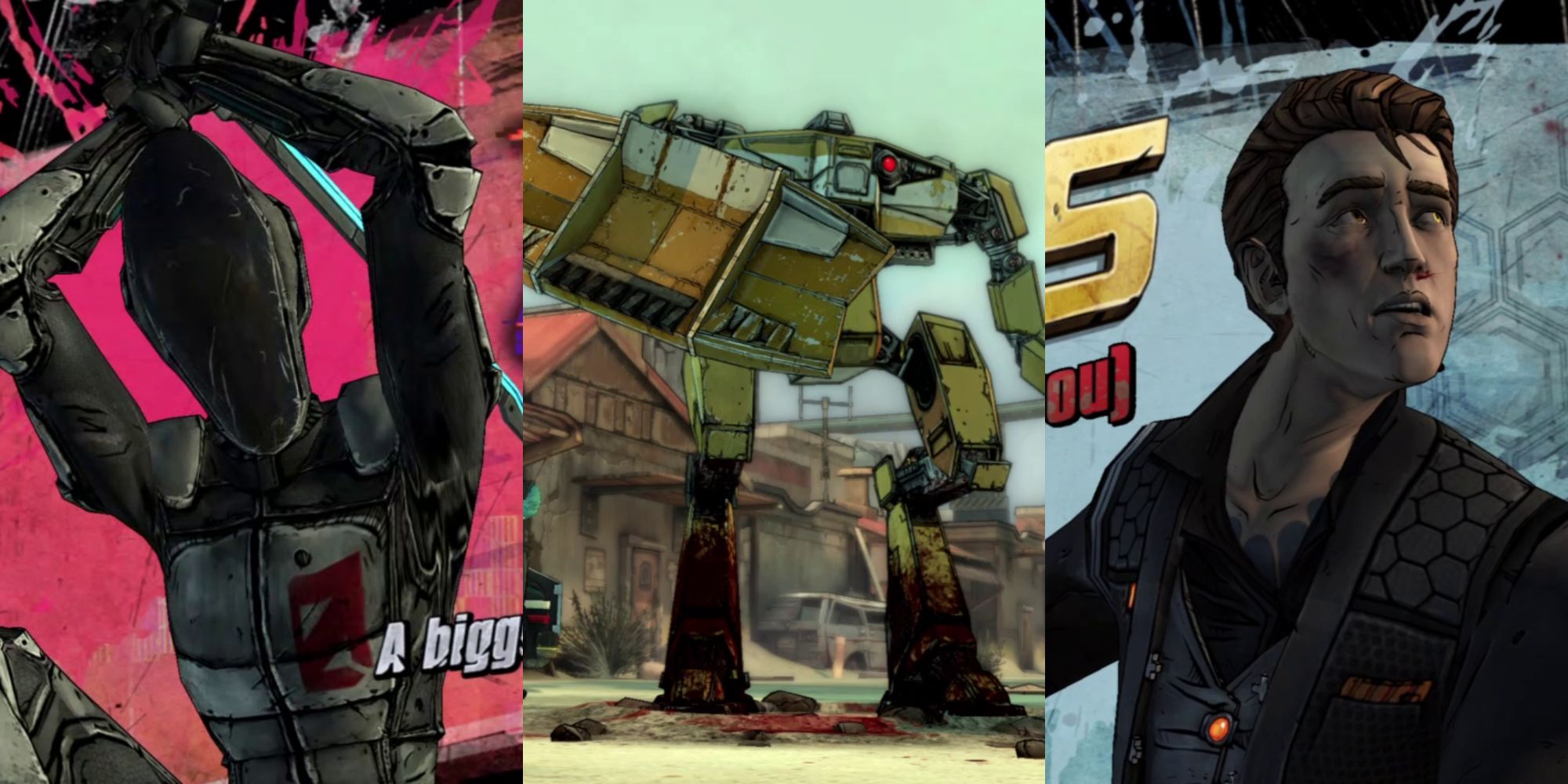 a ninja in a long, black mask swings a sword over his head; a yellow robot with a bulldozer arm stands in a town square; a man with styled hair and an all black outfit with orange lights in it reels from a punch