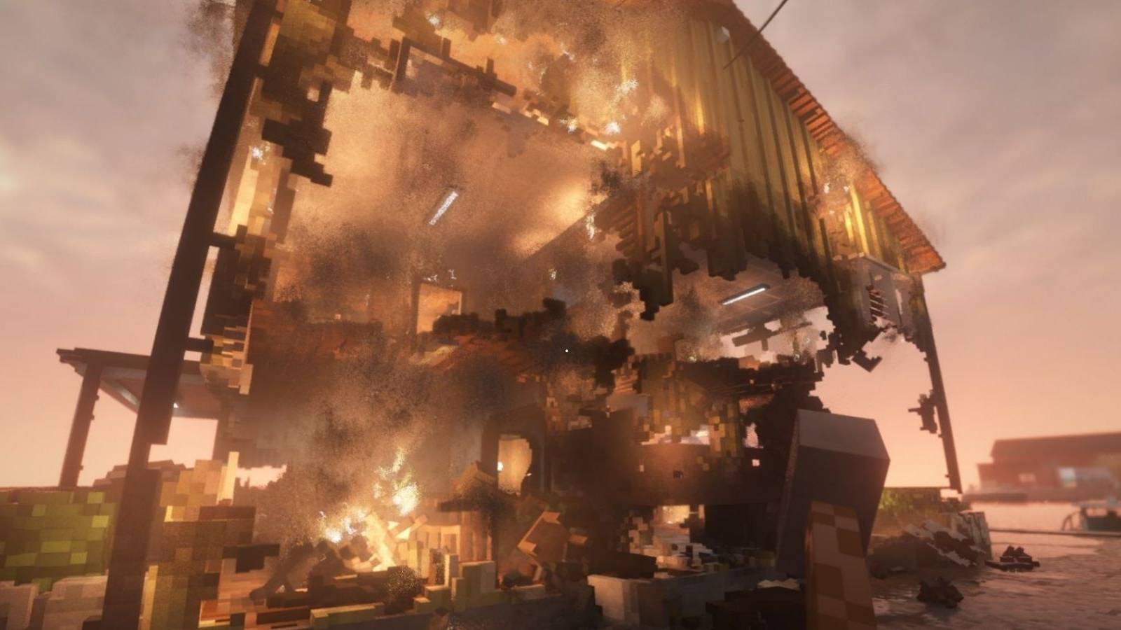 Burning and collapsing building in Teardown