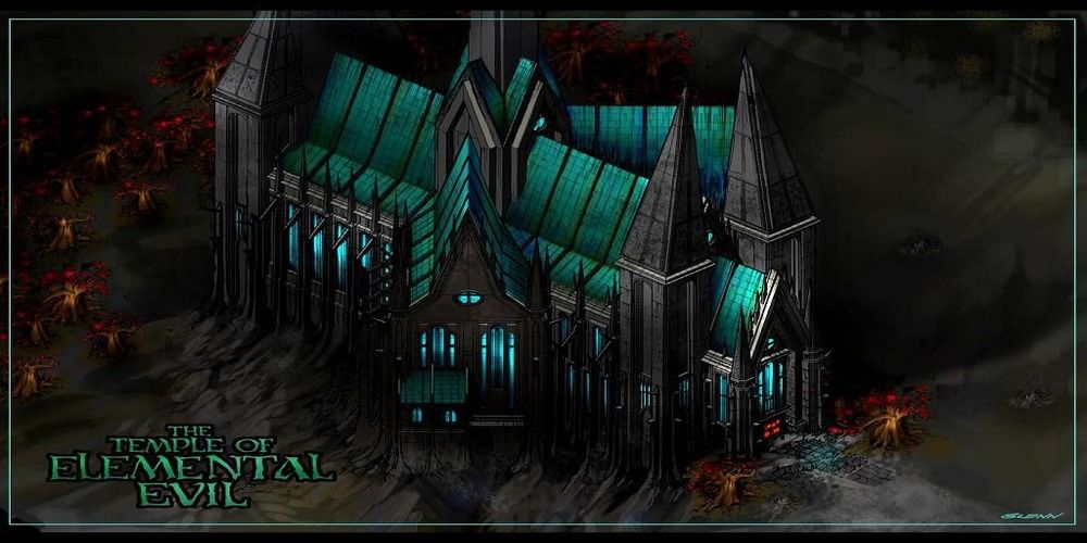 Screenshot showing a teal-roofed cathedral with the game name in the bottom left corner of the screen.