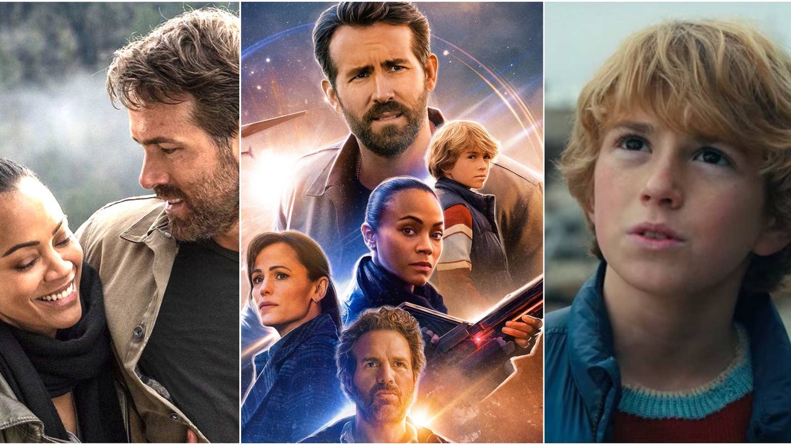 The Adam Project Collage of Cast Members Ryan Reynolds, Zoe Saldana Jennifer Garner,Mark Ruffalo and Waker Scobell