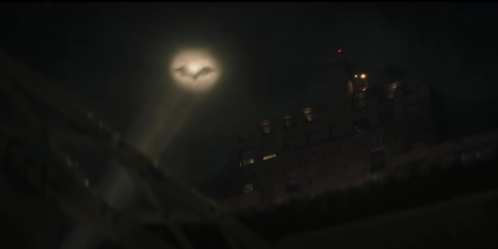 The Bat-Signal shining in the sky in The Batman