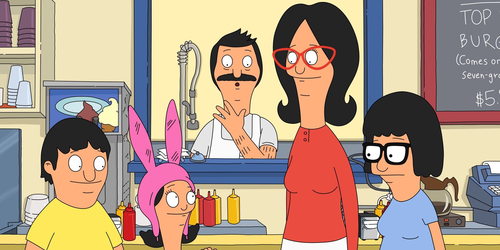 The Belchers standing in the restaurant in Bob's Burgers