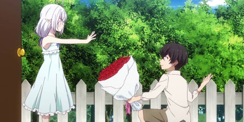 ard giving ireena a red bouqet of flowers