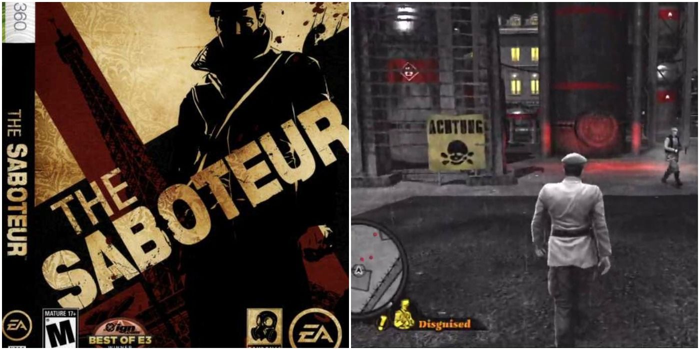 split imag eof The Saboteur Xbox 360 box art and man walking streets of run down old city with toxic warning sign