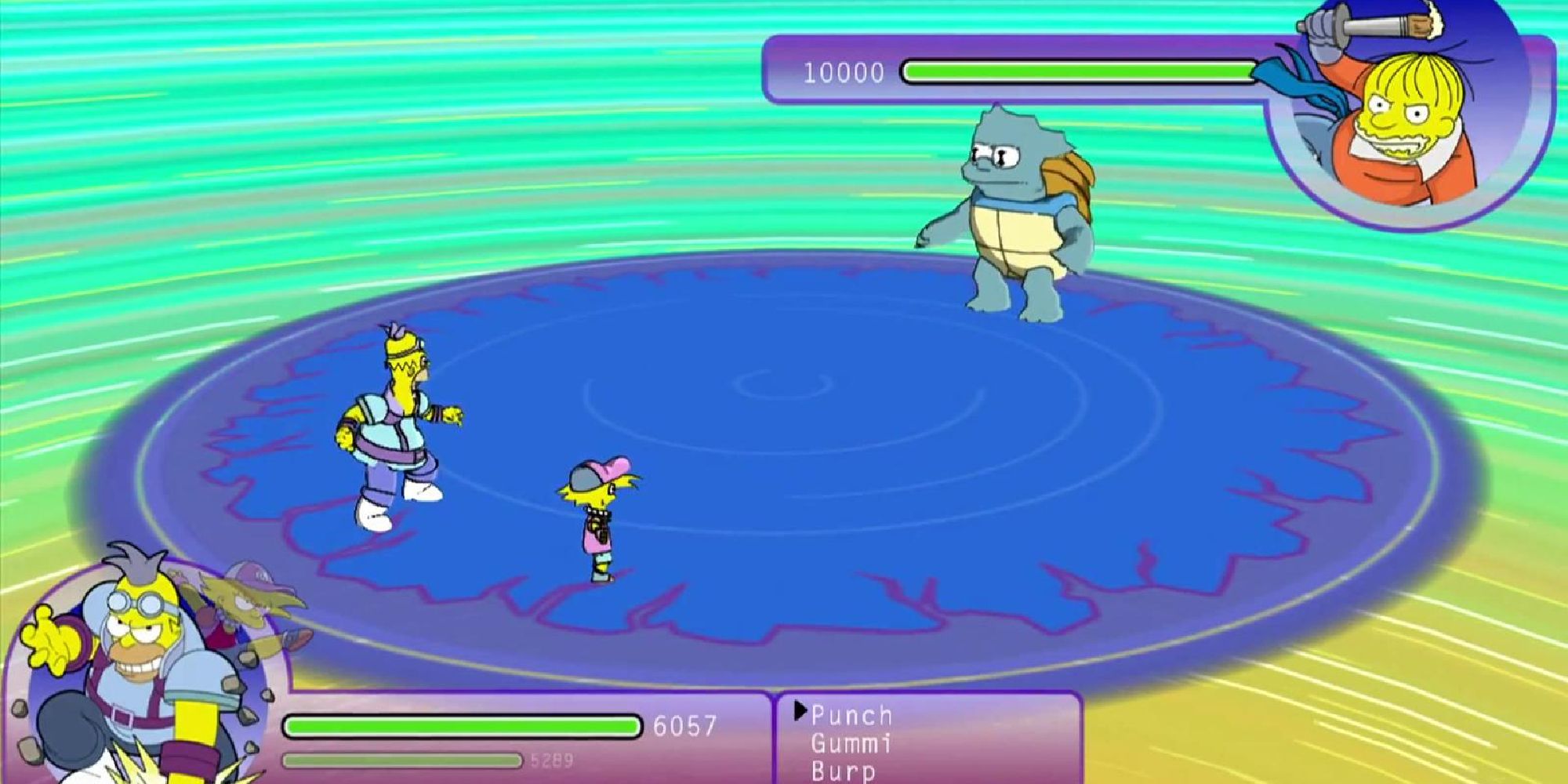 Homer and Lisa in a turn-based battle against a Sparklemon that resembles Squirtle in The Simpsons Game