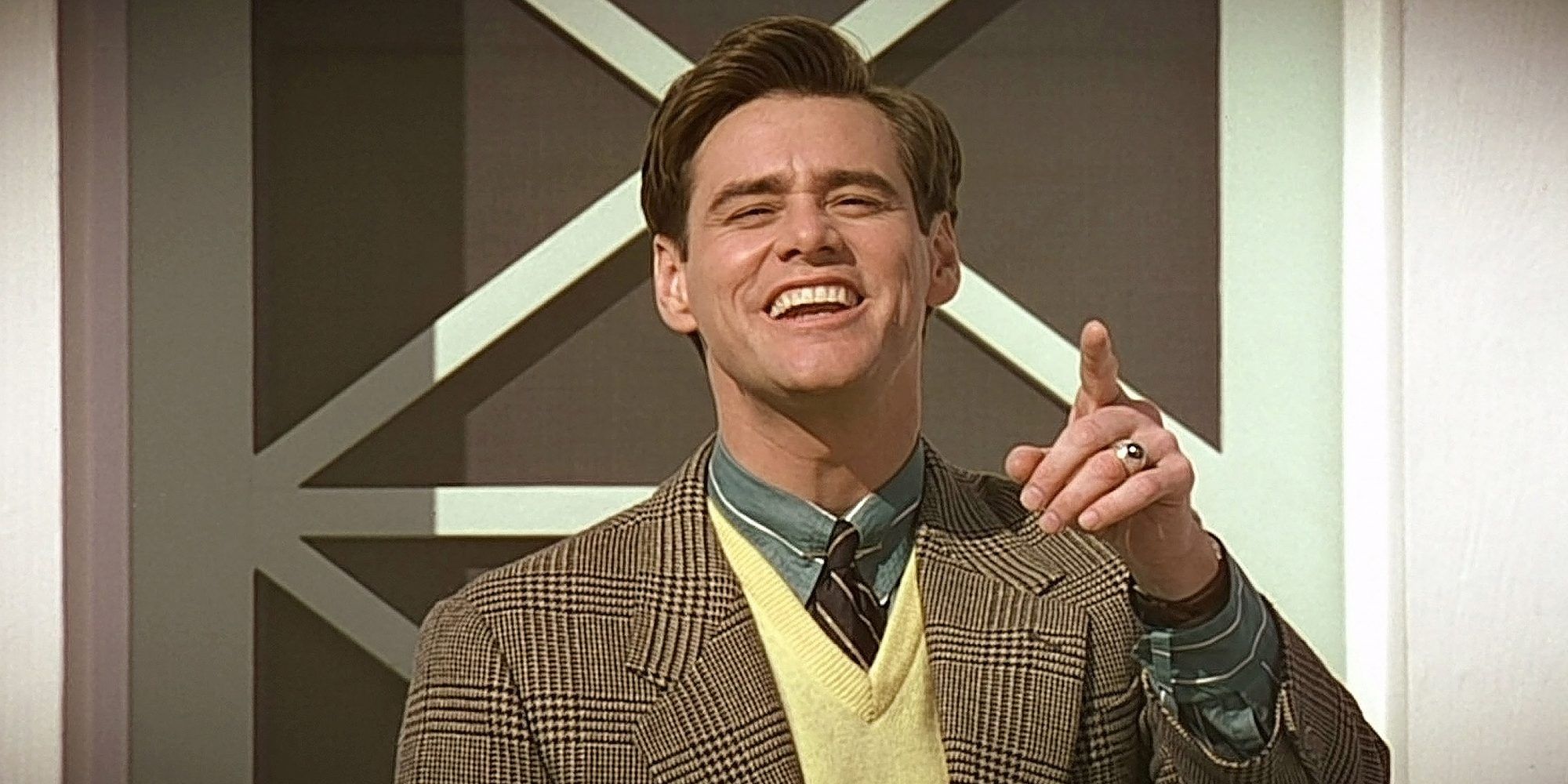 Truman addressing the camera and saying good morning in The Truman Show