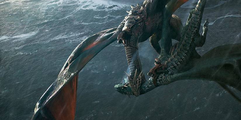 Two dragons fighting in a depiction of the Dance of Dragons in A Book of Ice and Fire