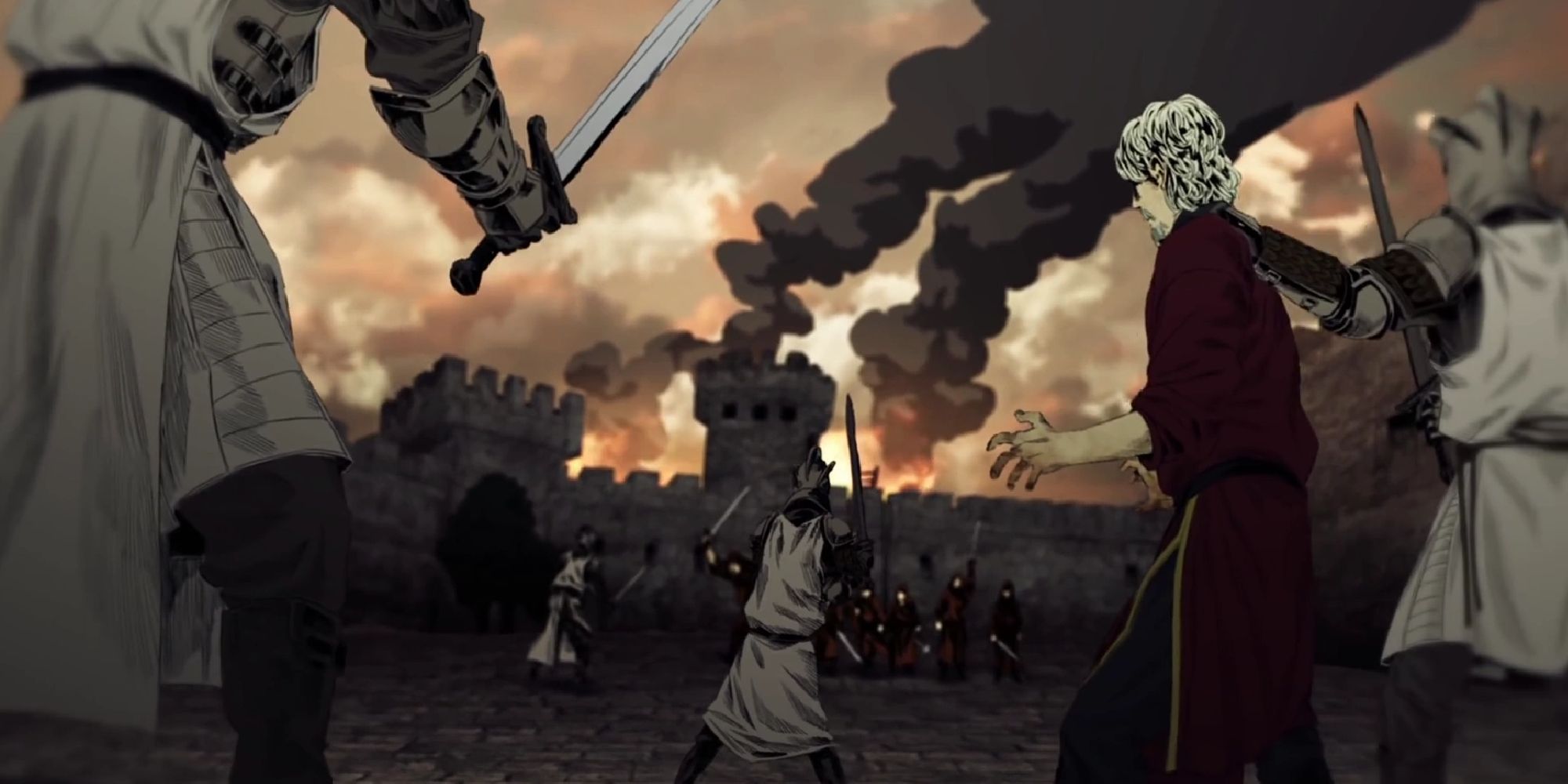 A depiction of the Faith Militant uprising in King's Landing in an animated cinematic