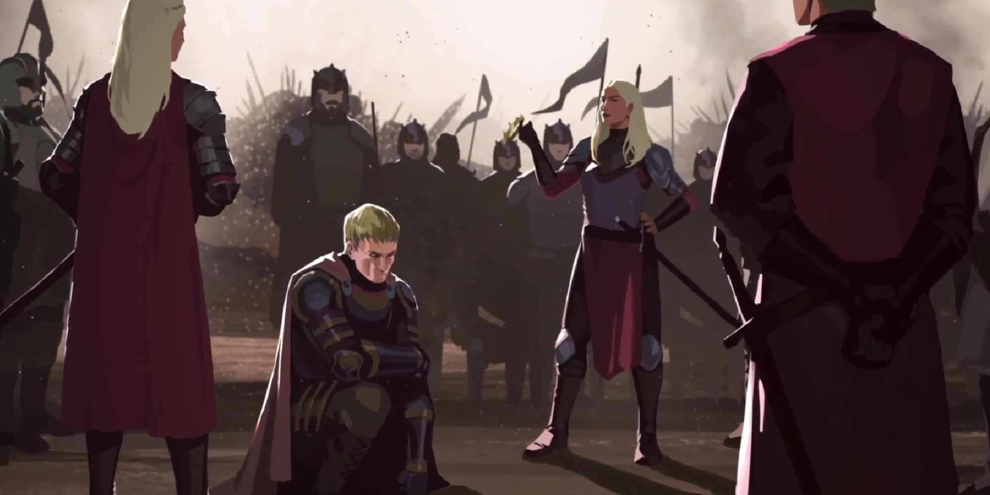 A Lannister kneeling to Aegon Targaryen flanked by his two sisters