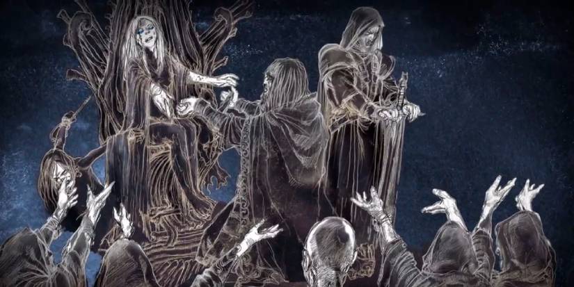 An animated cinematic showing the Night's King taking his bride near followers.