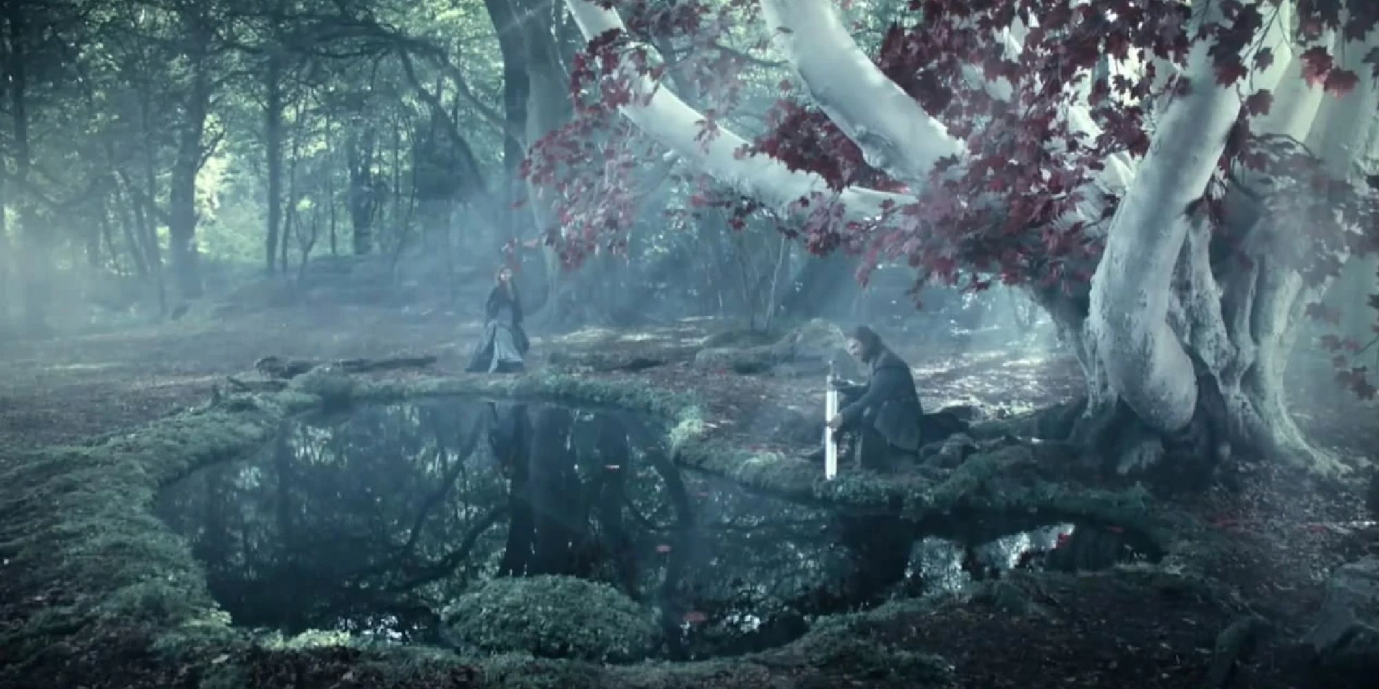 Ned Stark cleaning his sword by the Weirwood tree as Catelyn approaches in the Game of Thrones pilot