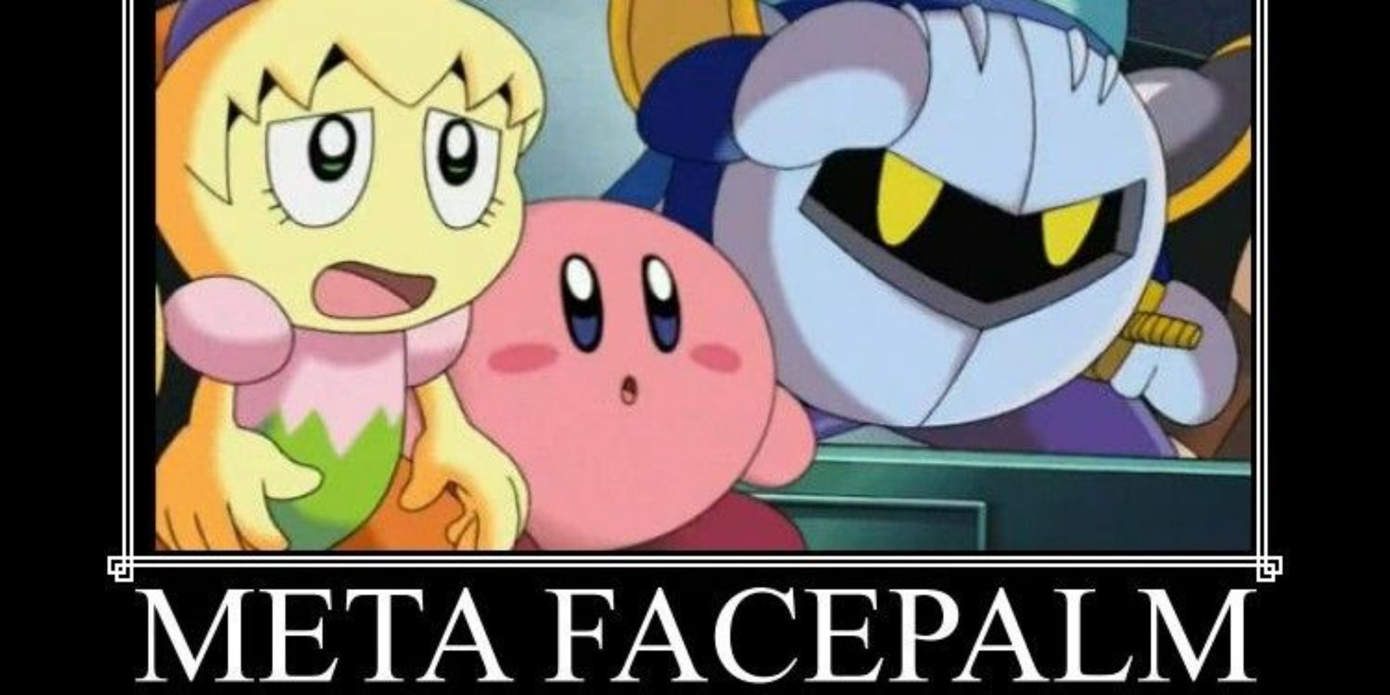 Tiff (left), Kirby (center), both with their mouths open and eyes wide, with Meta Knight (right) putting his palm on his forehead.