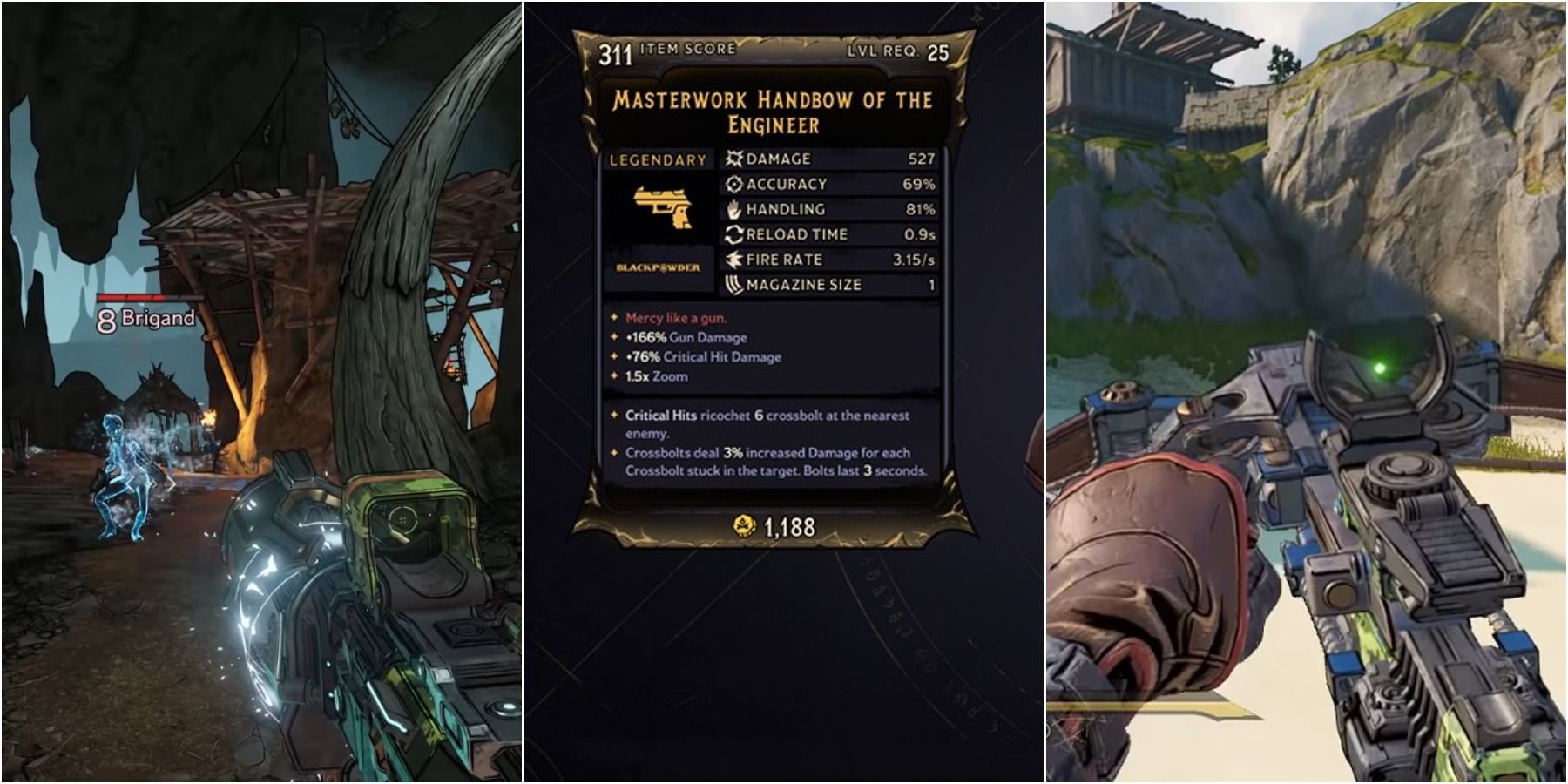 Tiny Tina Wonderlands split image of frost SMG and Thumbsbane firing, Handbow stats