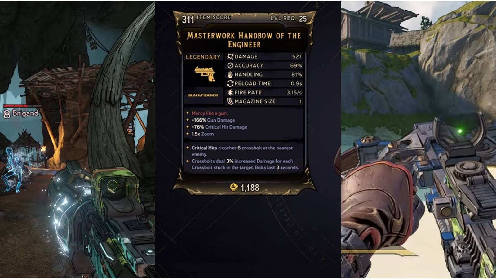 Tiny Tina Wonderlands split image of frost SMG and Thumbsbane firing, Handbow stats