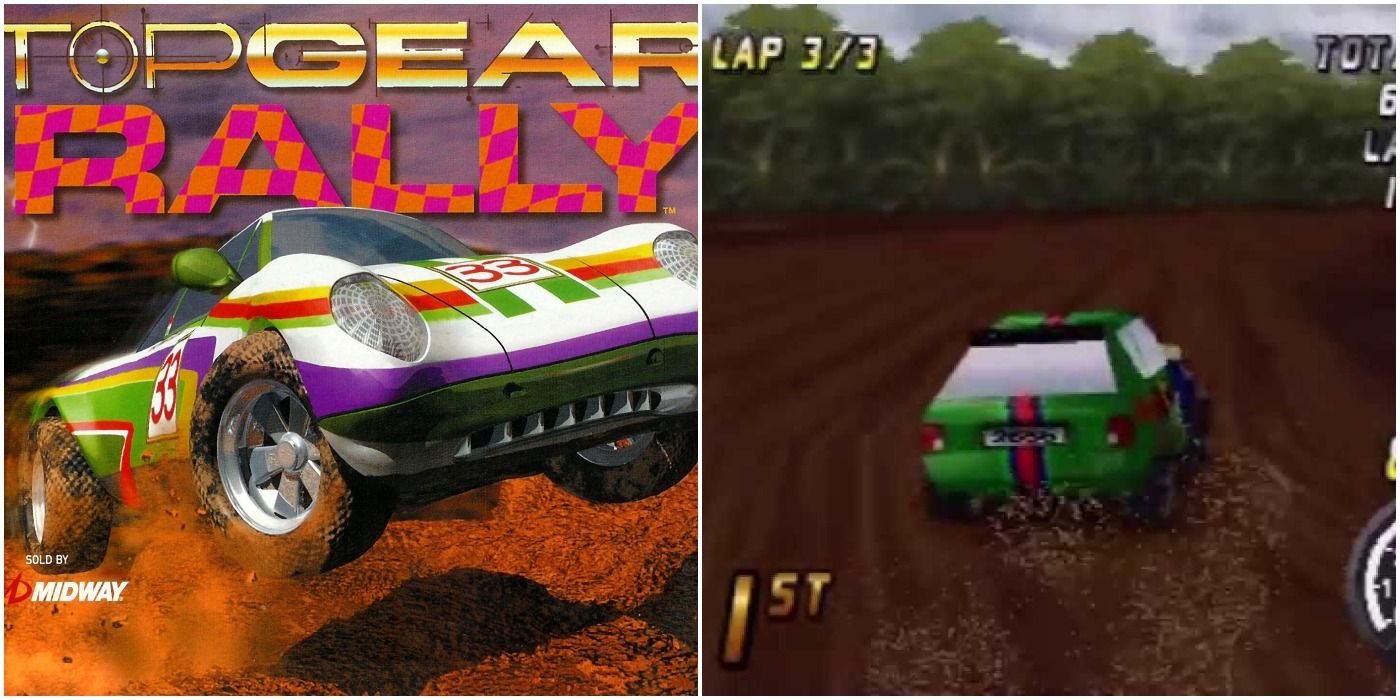 Top Gear Rally Split image of cover and gameplay of car churning up dirt on dirt road turn