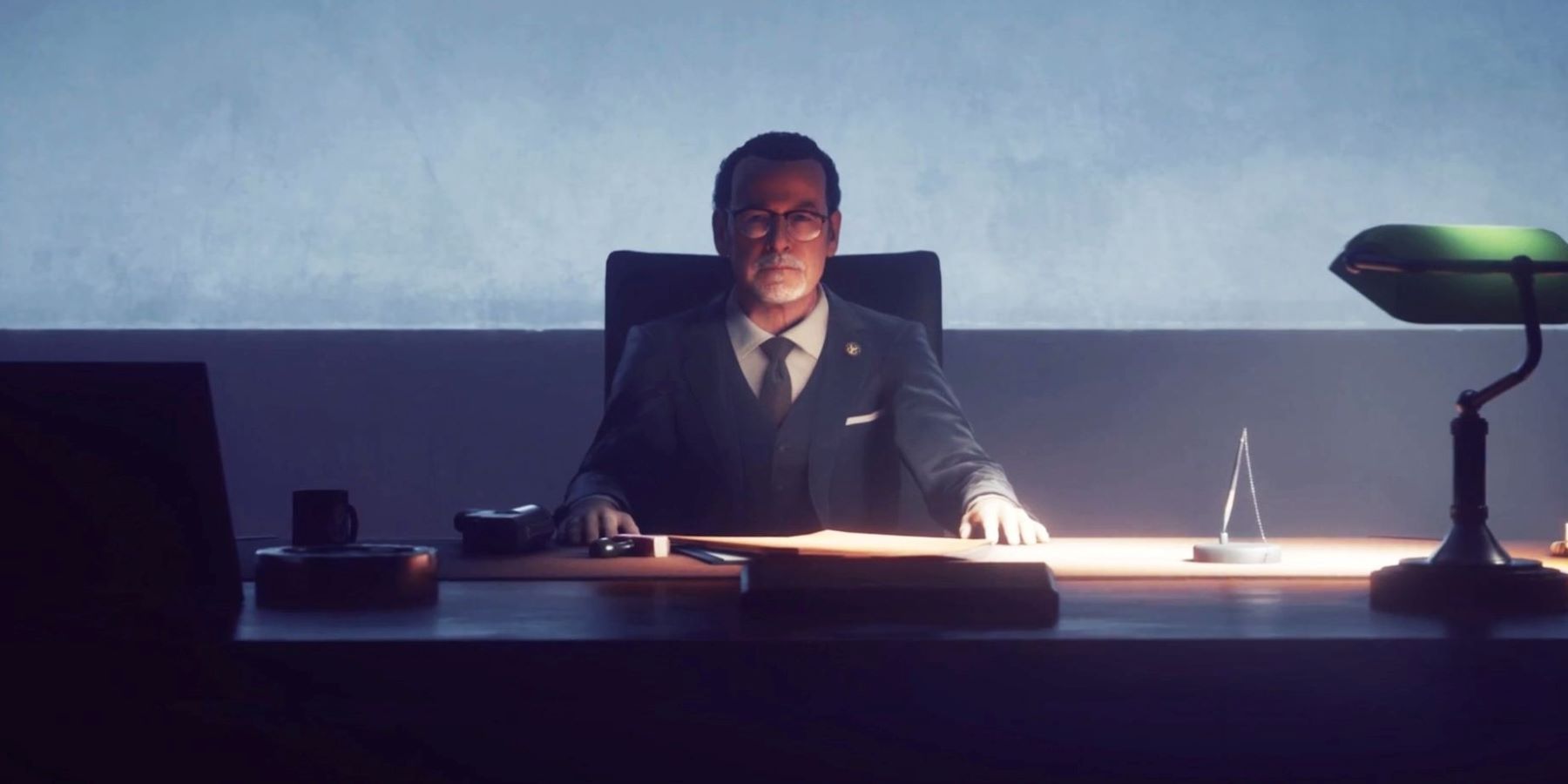 Former Bureau Director Zachariah Trench sitting at his desk in a Control cutscene