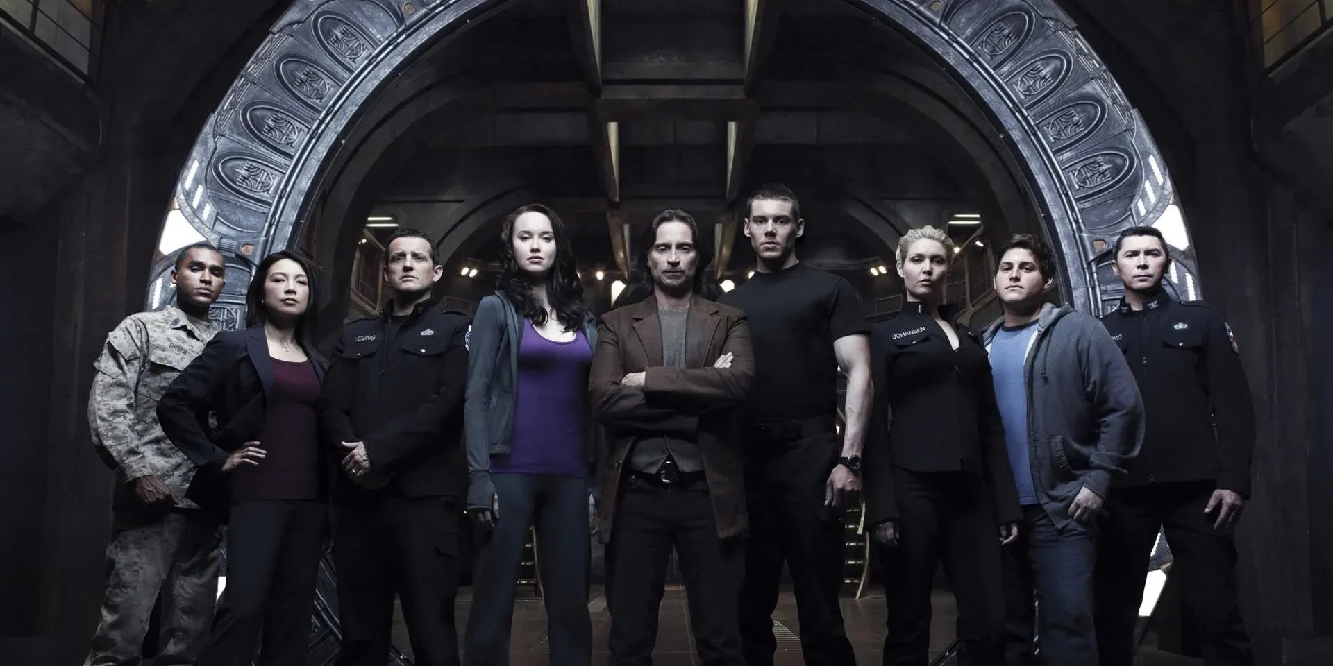 Stargate Universe cast on board the ship Destiny