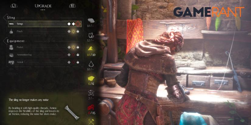 A Plague Tale Innocence Amicia at a workbench completing upgrades