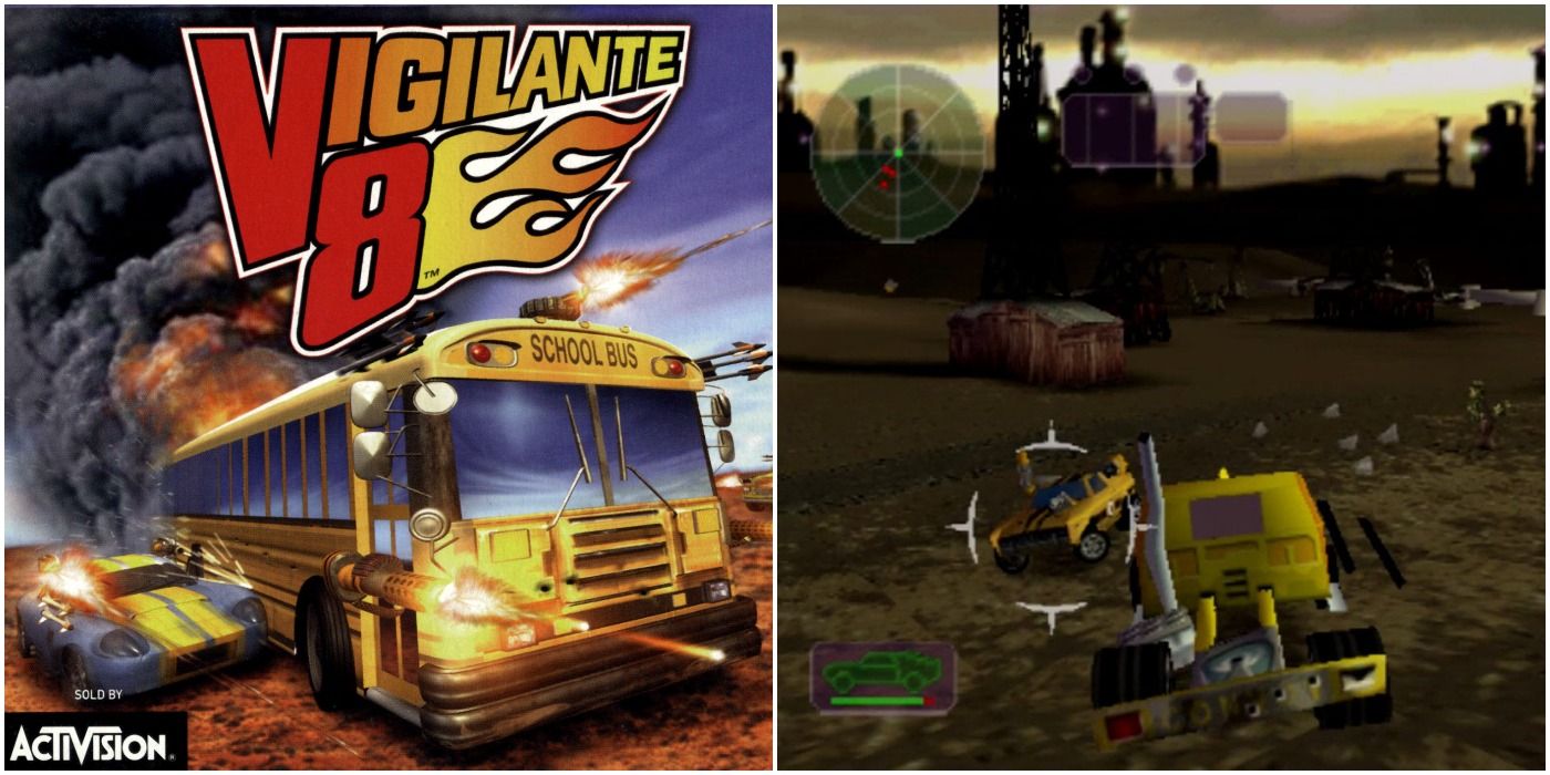 Vigilante V8 Split image of cover and gameplay of car combat in dirt quarry