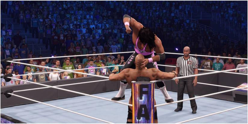 WWE 2K22 Bret Hart attacking Austin in the corner