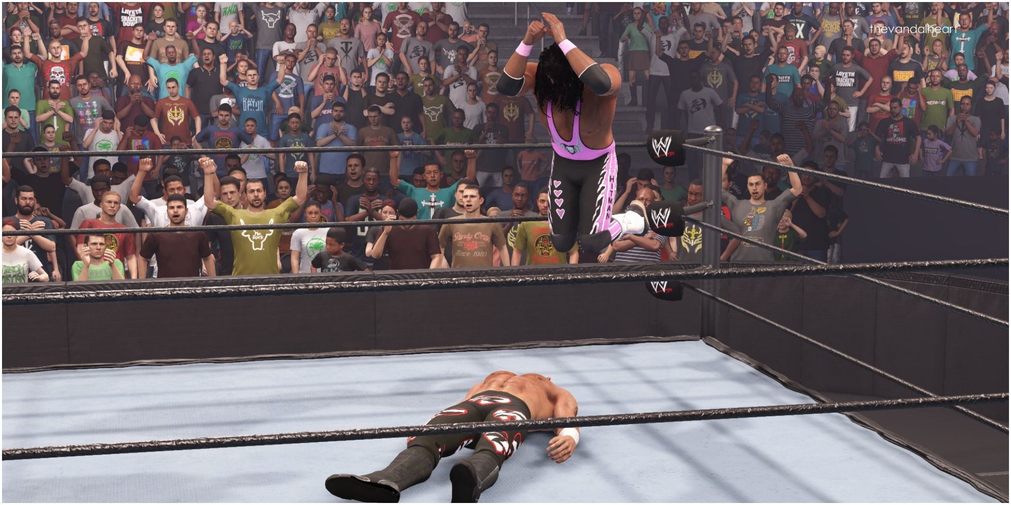 WWE 2K22 Bret hitting his signature elbow drop