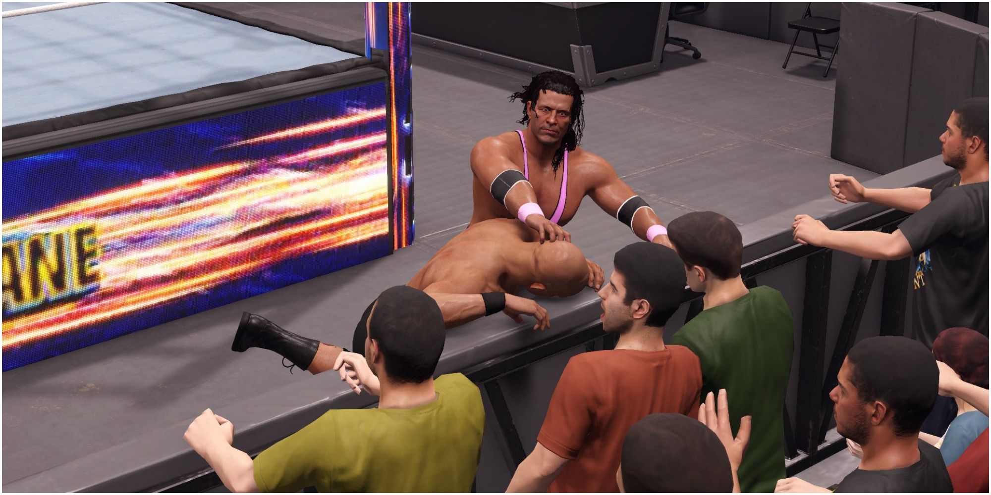 Bret slamming Austin's head outside the ring