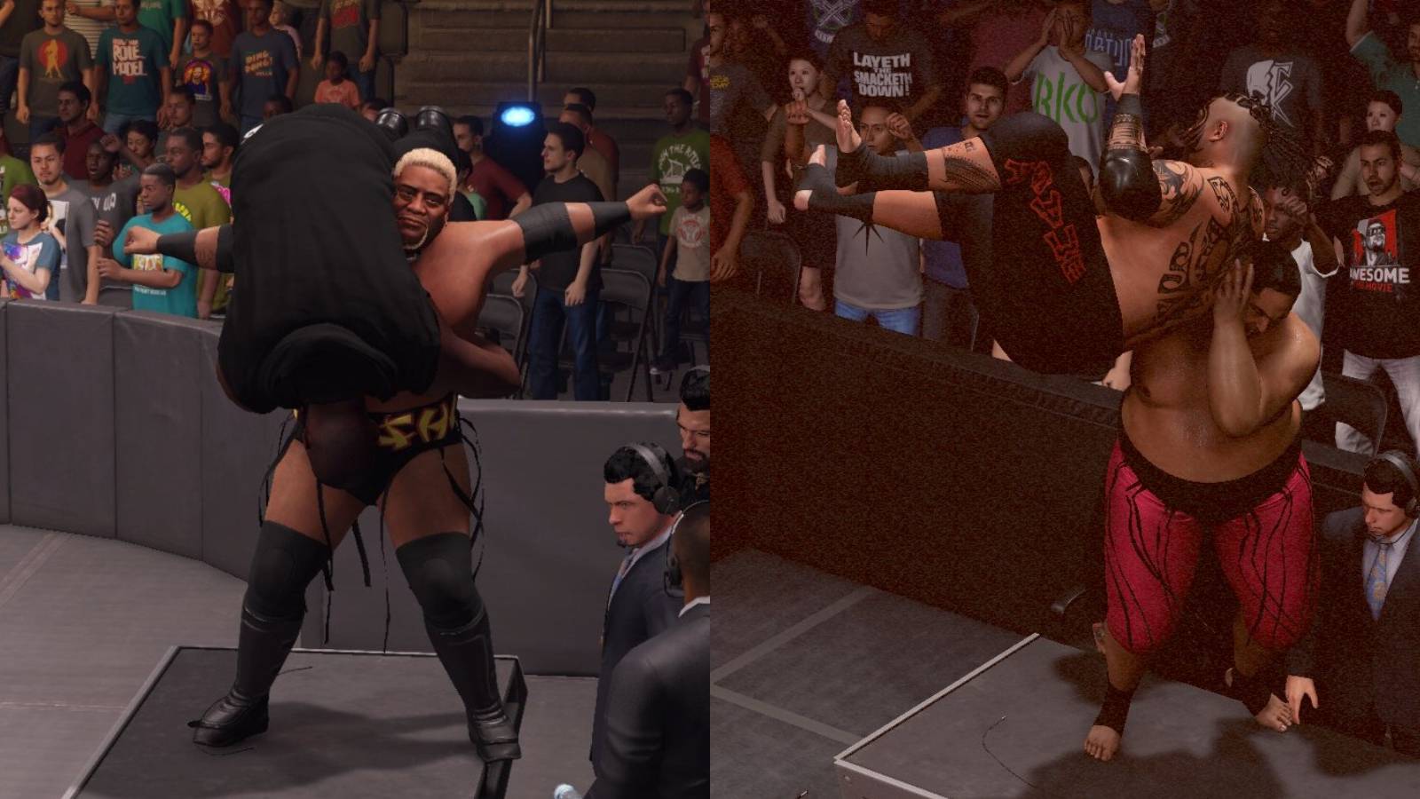 WWE 2K22 Rikishi and Yokozuna hitting finishers on announce table